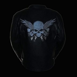 Motorradjacke aus Leder mit reflektierendem Totenkopf-und Flügelstickerei