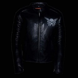 Motorradjacke aus Leder mit reflektierendem Totenkopf-und Flügelstickerei