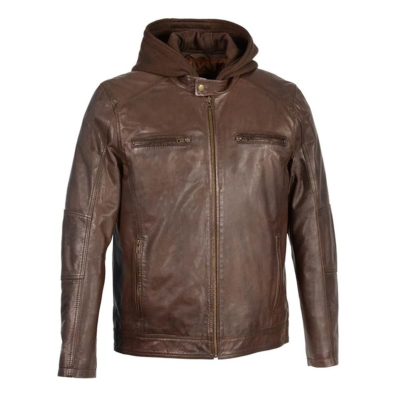 Snap Kragen Motorrad Stil Mode Casual Lederjacke mit abnehmbarem Hoodie