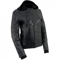 Damen schwarz Leder Hoodie Jacke mit reflektierendem Tribal Design