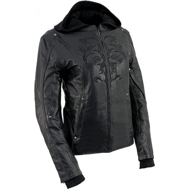 Damen schwarz Leder Hoodie Jacke mit reflektierendem Tribal Design