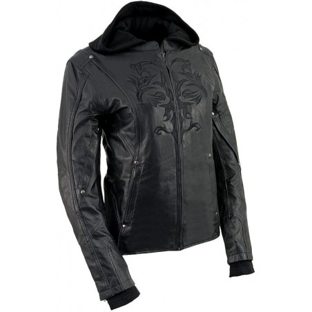 Damen schwarz Leder Hoodie Jacke mit reflektierendem Tribal Design