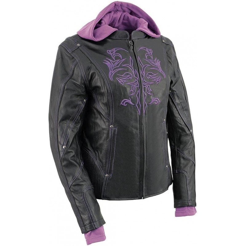 Damen violett Leder Hoodie Jacke mit reflektierendem Tribal Design