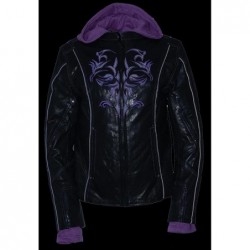 Damen violett Leder Hoodie Jacke mit reflektierendem Tribal Design