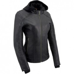 Milwaukee Damen Leichte schwarze Lederjacke mit abnehmbarem Hoodie